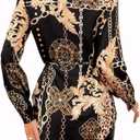 KnoInt Button Down Shirt Dresses for Women Sexy Long Sleeves Top Loose Floral Print Collared Blouses V Neck Mini Dress with BeltBlack and Gold,M
