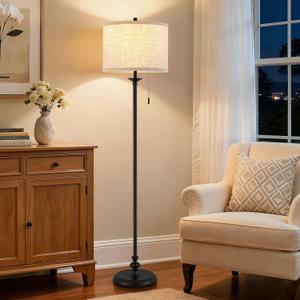 Luvkczc Black Floor Lamp, 60" Standing Lamp Tall Lamp with Fabric Lampshade&Pull Chain Corner Floor Lamps for Living Room, Bedroom & Office Bulbs Not Included