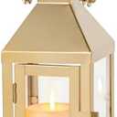 NUPTIO Gold Lanterns Decorative Indoor: 8.6 Inch Tall Metal Lantern with Glass for Pillar Candle - Fireplace Decor for Christmas Home Living Room Mantle Porch Wedding