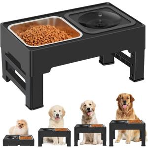 2-in-1 Elevated Dog Bowls, Raised Pet Bowl with Stainless Steel Food Bowl and Spill Proof Water Bowl, 4 Adjustable Heights, Non-Slip Stand, for Small, Medium, Large Dogs and Pets, Black