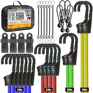 Bungee Cords with Hooks – Set Includes 18", 24", 32", 40" Heavy-Duty Stretch Cords, 6 Ball Bungees, 4 Tarp Clips, 6 Mini Cords & Storage Bag – Ideal for Home, Garage & Outdoor Use