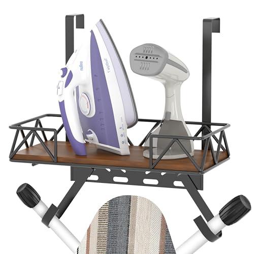 Ironing Board Hanger Wall Mount, Over The Door Ironing Board Holder, Metal Frame Storage Shelf with Adjustable Hooks fit T&V Shaped Space Saving for Laundry Room Decor Organization and Storage