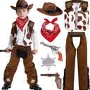 Spooktacular Creations Halloween Cowboy Hat Costume for Boys, Kids White Brown Western Costume, Deluxe Cowboy Outfit Set for Toddler Halloween RolePlay Themed Party (Medium, 8-10 yrs)