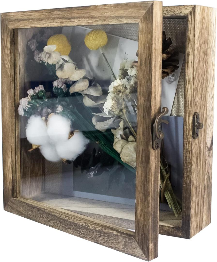 GraduationMall 8x8 Shadow Box Frame Solid Wood Glass Door Display Case with Linen Back and 6 Stick Pins,1.5 inches Interior Depth,Ideal for Memorabilia Pictures Flowers Medals Tickets