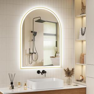 40''x30'' Arched LED Bathroom Mirror with Lights, Lighted Mirrors for Bathroom Wall, Anti-Fog, 3 Colors Dimmable, Memory Function, Backlit + Front Lit, Waterproof, Shatter-Proof, Golden Framed Arched