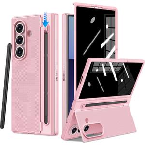 Ruky for Samsung Z Fold 7 Case with Slim S Pen Slot & Stylus, [Not for Z Fold 6] with Hidden Foldable Kickstand and Built-in Privacy Screen Protector, Shockproof Protective Phone Cover, Pink