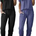 Ekouaer 2 pack Pajama Sets for Womens Jogger Pants Pjs Short Sleeves Lounge Set Soft Sleepwear with Pockets (X-Large, Black and Navy Bule)