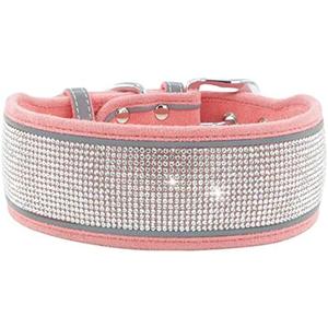 Bbmmayy Rhinestone Dog Collar Soft Comfortable Stylish Dog Collar with Bright Reflective Stripe Adjustable Diamond Crystal Pet Collar for Small Medium and Large Dogs (M fit Neck 15-19", Pink)