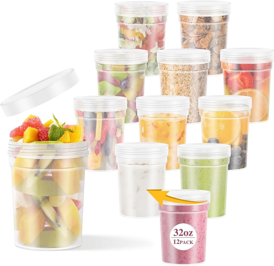32 oz -12 Pack Reusable Food Freezer Storage Containers with Lids, BPA Free Twist Top Deli Container, Leak Proof, Stackable, Microwave and Dishwasher Safe