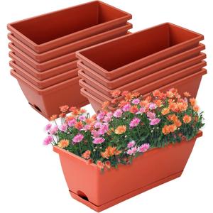 Window Box Planter, 12 Pack Plastic Vegetable Flower Planters Boxes 17 Inches Rectangular Flower Pots with Saucers for Indoor Outdoor Garden, Patio, Home Decor (Brick red)