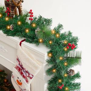 Zhuqing 9 ft Pre-lit Lighted Christmas Garland Decoration with Timer, Battery Operated Waterproof Artificial Xmas Garlands with 50 Warm Lights, Green Pine Branches, for Indoor/Outdoor/Fireplace Decor