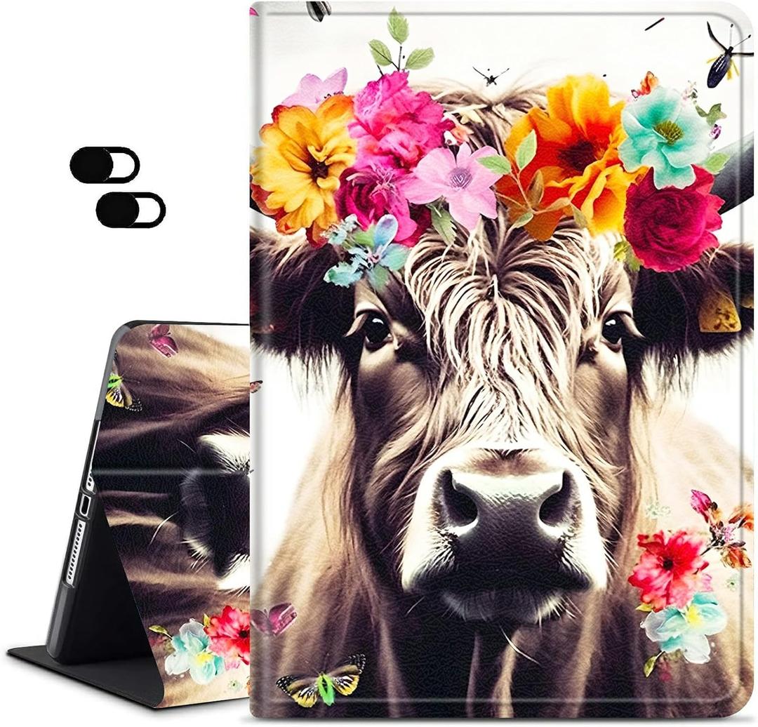 Case for Amazon Kindle Fire HD 10 & 10 Plus Tablet (11th/13th Generation, 2021/2023 Release), Slim Adjustable Stand Back Shell Protection Smart Cover for Fire HD 10 2021 10.1 Inch, Flower Cow