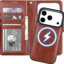 Bocasal for iPhone 17 Pro Wallet Case Compatible with MagSafe Wireless Charging, RFID Blocking Magnetic Leather Case with Card Slots Holder Kickstand Detachable Wrist Strap 6.3 Inch (Brown)