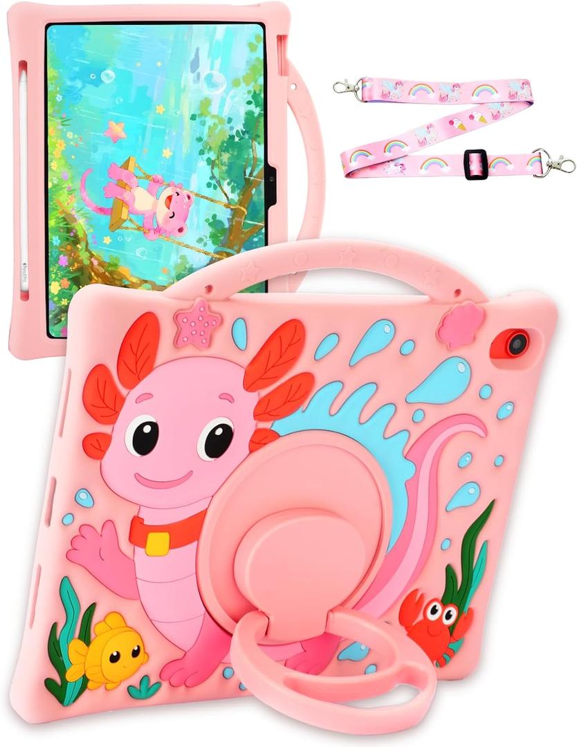 Kids Case for iPad A16 11th Gen 11" 2025 & iPad 10th Gen 10.9" 2022, Axolotl 3D Cute Silicone Kids Cover with Rotating Stand, Adjustable Strap & Pencil Holder for Girls Teens (Pink)