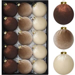 15 PCS Brown Velvet Balls Ornaments for Christmas Tree, 3.15" Large Balls Velvet Christmas Ornaments Set Decor for Tree Mantle Wreath, Neutral Vintage Shatterproof Xmas Indoor Home Holiday Decor