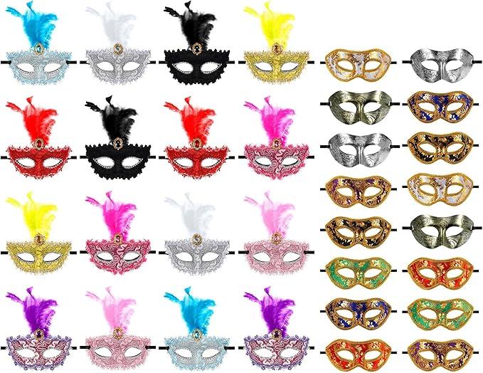 Sratte Mardi Gras Couple Masquerade Mask with Feather Flower Unisex Half Face Venetian Mask for Carnival Parade Valentine, 32 Pcs