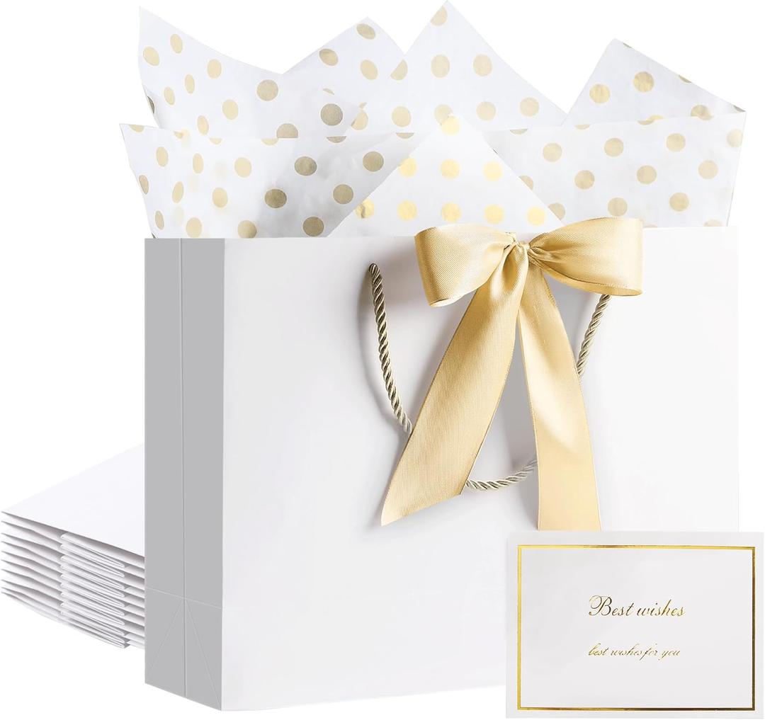PASEOTA 12.6" Gift Bags Medium Size Set of 10 - Includes Tissue Paper, Cards & Ribbons, Luxury Gift Bags with Handles for Eid Wedding Birthday (12.6" x 9.8" x 4.3", White)