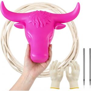 Crowye Small Roping Dummy Plastic Junior Steer Head Dummy Set Horn Spread 11" Complete Rodeo Kit Roping Dummies Steer Head Soft Cotton Lasso Rope Gloves Steel Rods for Junior Practice (Pink)