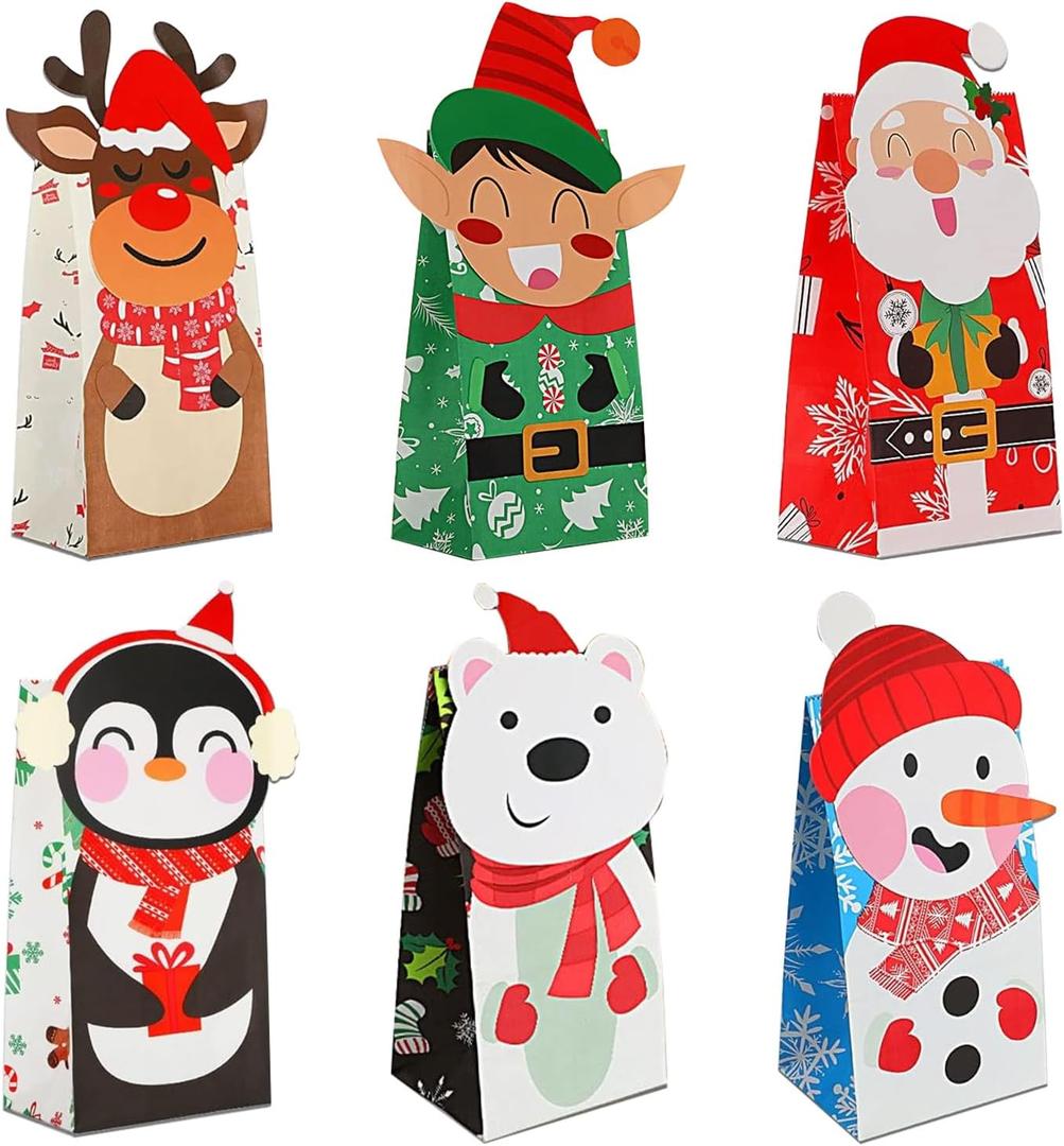 Christmas Treat Bags - 24 Pcs Paper Gift Bags with 24 Stickers, Kraft Goodie Bags for Party Favors, Classroom Giveaways & Seasonal Celebrations