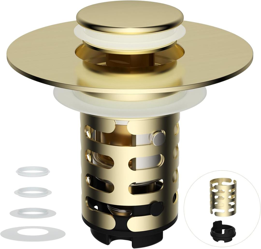 iFealClear Upgraded 4-in-1 Bathroom Sink Drain Strainer, Universal Pop Up Sink Stopper with 2-Layer Detachable Hair Catcher Filter Basket, Drain Stopper Fit 1.1"-2.36" US Basin, Brushed Gold