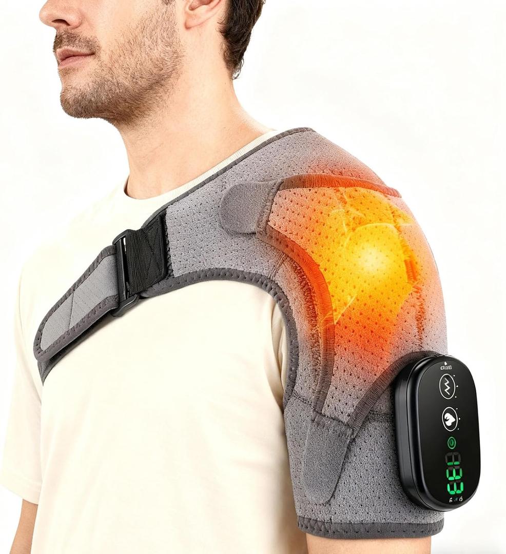 Shoulder Heating Pad with Massage Cordless, Shoulder Massager for Pain Deep Tissue, Heated Shoulder Wrap with Massage