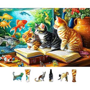 500 Piece Jigsaw Puzzles for Adults - Cats & Goldfish Aquarium Scene Colorful Kittens Book Puzzle with Letters on Back for Seniors Perfect for Game Night (23x15 Inch)
