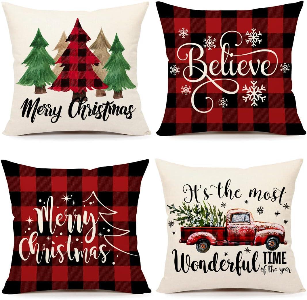 4TH Emotion Buffalo Check Christmas Pillow Covers 20x20 Set of 4 Red Black Farmhouse Christmas Decorations Winter Holiday Decor Throw Cushion Case for Home Couch S22C38-20
