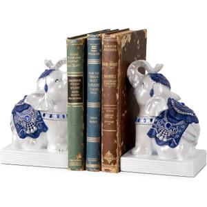 Elephant Bookends for Shelves, Decorative Bookends, Book Holders with Anti-Slip Pad for Book Lovers Heavy Book Stopper for Home Office Decor (Blue&White)