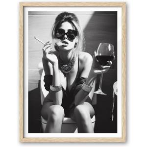 iHery Natural OAK Wood Framed Girl On Toilet Wall Art, 12x16in Canvas Woman On Toilet Smoking and Drinking Wine, Black and White Print, Funny Bathroom Art, Retro Wall Decor Set of 1