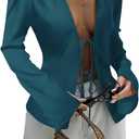 Cicy Bell Womens Sexy Tie Front Shirts Deep V Neck Silk Club Tops Long Sleeve Y2k Going Out Blouse (Large, Lake Blue)