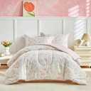 3pcs Floral Cotton Comforter Set for Girls, Pink Blue Beige Flowers Leaves Design, Twin Size Soft n Cozy Kids Bedding Comforter for All Season- 68x88 inches