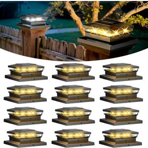 Solar Post Cap Lights 12 Pack, Fence Post Solar Lights, Warm White/Cool White Lighting, Black Waterproof Outdoor Post Lights for Garden Patio Porch, 4x4, 5x5 or 6x6 Vinyl/Wooden Posts
