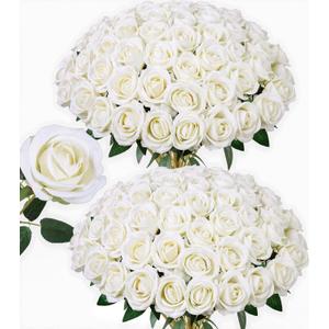 50 PCS Ivory Roses Artificial Flowers, Fake Roses with Stem Realistic Silk Roses for DIY Wedding Bouquets Tables Centerpieces Arrangements Baby Shower Birthday Home Decor Valentine's Day Gift for Her
