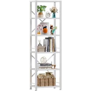 Furologee White Tall Bookshelf, Narrow Bookcase with 6 Shelves, Modern Freestanding Shelf Units, Metal and Wood Display Storage Corner Rack Organizer for Living Room, Home Office, Hallway, Bathroom
