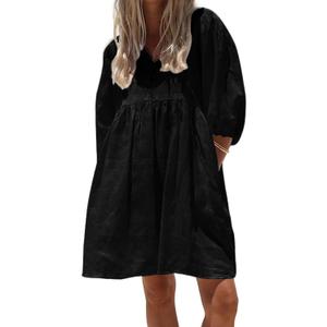 chouyatou Women's Summer Puff Sleeve Cotton Tunic Dress V-Neck Mini Vacation Babydoll Dress (Black, X-Small)