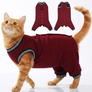 T'CHAQUE Cat Clothes Surgery Recovery Suit for Female Male, Cat Onesie Pet Surgical Pajamas Long Sleeve, Abdominal Wound Healing, E-Collar Alternative, Spay/Neuter Recovery Garment-Burgundy-L