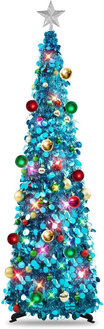 N&T NIETING Collapsible Blue Tinsel Christmas Tree with Lights & 30 Balls - 5Ft Skinny Tree for Holiday Home Office Decor