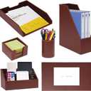 6 Piece Office Supplies/Desk Organizer Set with Desktop Leather Writing Pad,File Paper Tray,Magazine folder Holder, Pen Cup,Sticky Note Holder,Letter Mail Sorter,Workspace Decor for Women Men Brown