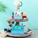 4Pcs The Beach is My Happy Place Table Signs Starfish Beach Wooden Tabletop Centerpiece Blue Rustic Summer Decorations for Office Home Shelf Mantel Tiered Tray Decor
