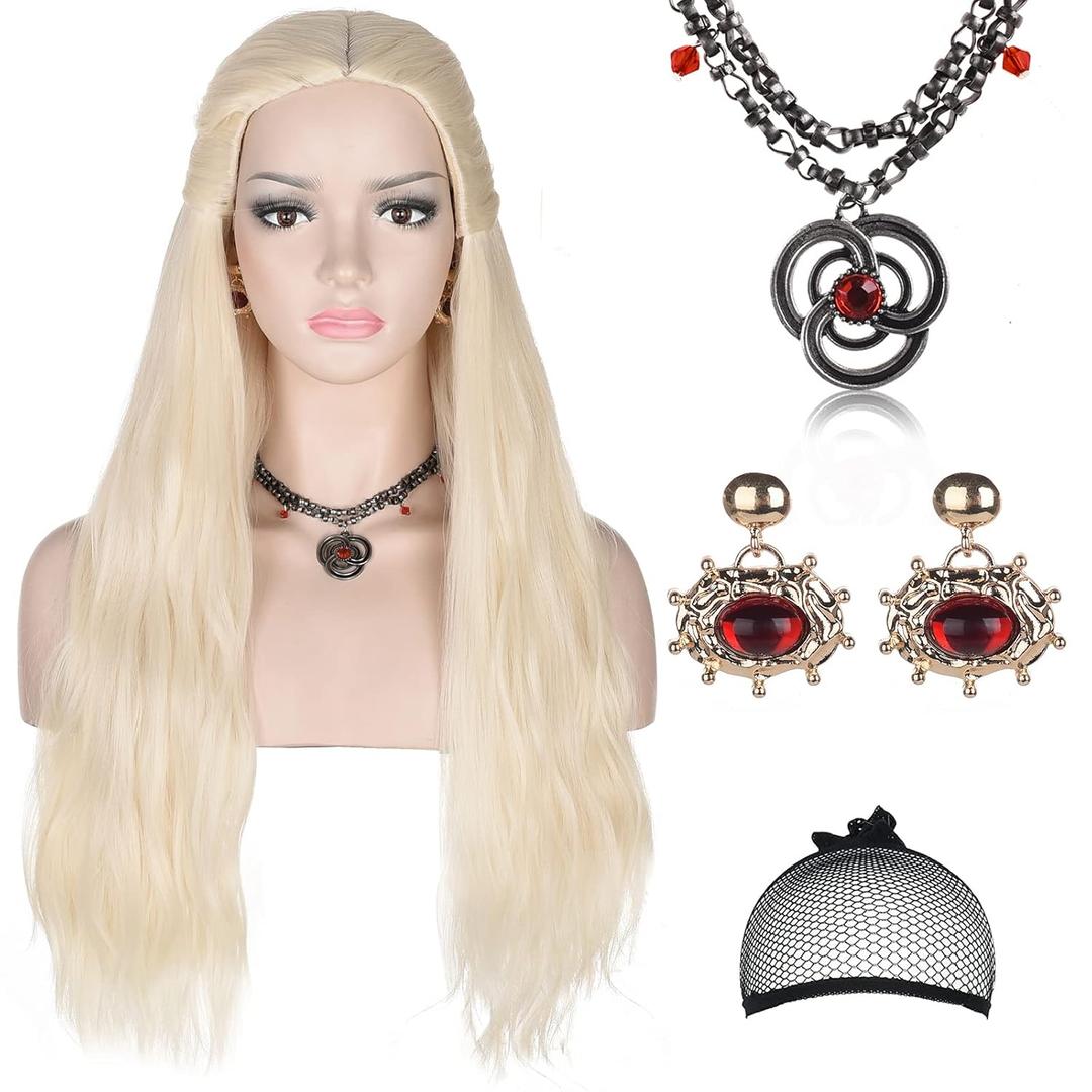 morvally Young Princes Costume Wig for Women with Necklace and Earrings Long Blonde Braided Middle Part Synthetic Wig for Cosplay Halloween Party (Blonde Style 2)