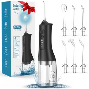 Water Flosser, Rechargeable 300ML IPX7 Waterproof Cordless Portable Oral Irrigator with 4 Modes & 6 Replaceable Jet Tips-Professional Flossing Cleaner for Daily Home Use,Travel,Gums,Braces Care-Black