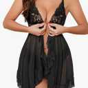 Sexy Open Front V Neck Ruffle Sheer Mesh Lace Wireless Babydoll Lingerie Dress with Thong 2 Piece size L