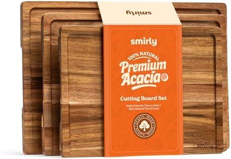 SMIRLY Wood Cutting Board, Bamboo Cutting Board Set, Chopping Board and Wooden Cutting Boards for Kitchen, Small Wood Cutting Board and butcher block (Acacia Wood, 3 Pack)