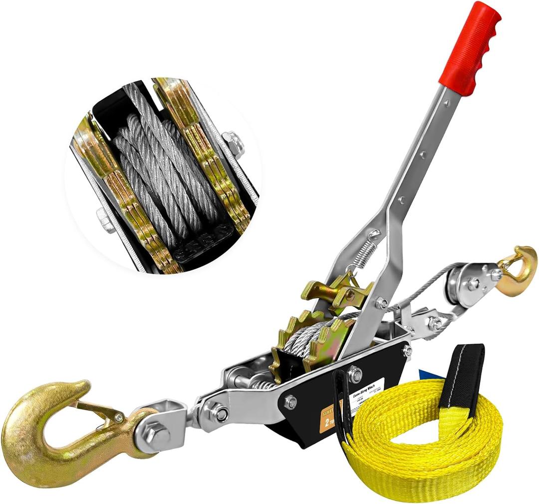 Come Along Winch Heavy Duty, 10FT 2T Come Along Pulling Tool 2 Gears 2 Hooks, Cable Winch Puller, Come Along Power Puller Ratchet Tool for Construction Automotive Farm Fences (with Straps)