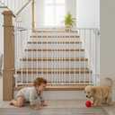Mumeasy 29.5-43.3" Baby Gate for Stairs, No Bottom Bar Dog Gate with Removable Door & Slide-Adjust Drill Mount, Extra Wide Stairway & Hallway Walk Thru Pet Safety Gate for Doorways, Kitchen (White)