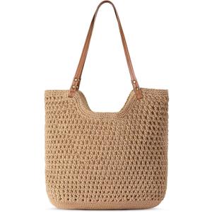 Pleneal Crochet Beach Bag, Summer Woven Tote Bag with Lining, Soft Purse Shoulder Bags for Vacation (Khaki)