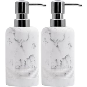 Resin Soap Dispenser Sets, 2 Pcs Heavy Lotion Dispensers,10.8oz Refillable Liquid Soap Dispensers with Rust-Proof Pump for Bathroom Countertop or Kitchen, Artificial Marble White