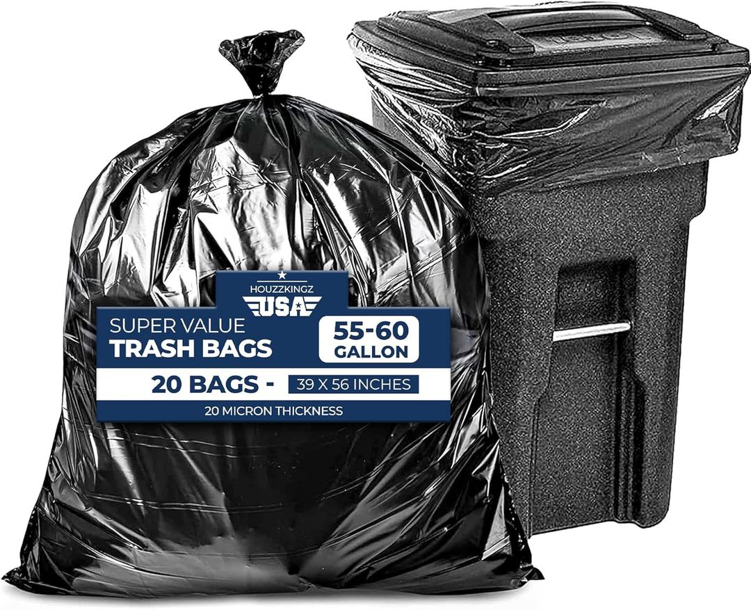 55 Gallon Large Trash Bags [39 X 56  20 Micron] 20 Black Contractor Garbage Bags | Heavy Duty Lawn Leaf Yard Waste Bags | 55-60 Gallon Extra Large Construction Industrial Plastic Trash Can Liners (1 Count (Pack of 20))