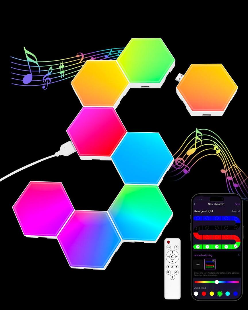 Hexagon LED Light Panels 8 Pack RGB Wall Decor Lights with Music Sync, App & Remote Modular Home & Christmas Decor for Bedroom, Living Room, and Room Decor