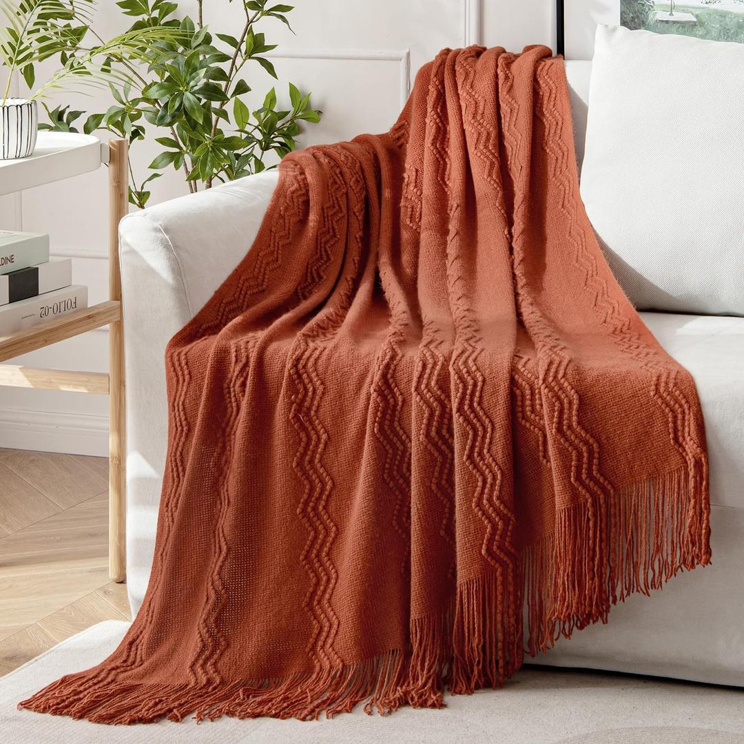 MIULEE Rust Knitted Throw Blanket for Couch Boho Terracotta Textured Cozy Woven Blanket with Tassels for Sofa Chair Bed Living Room Acrylic Wave Pattern 60"x80"